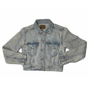 AEO American Eagle Light Wash Cropped Denim Jean Jacket Distressed Size Small